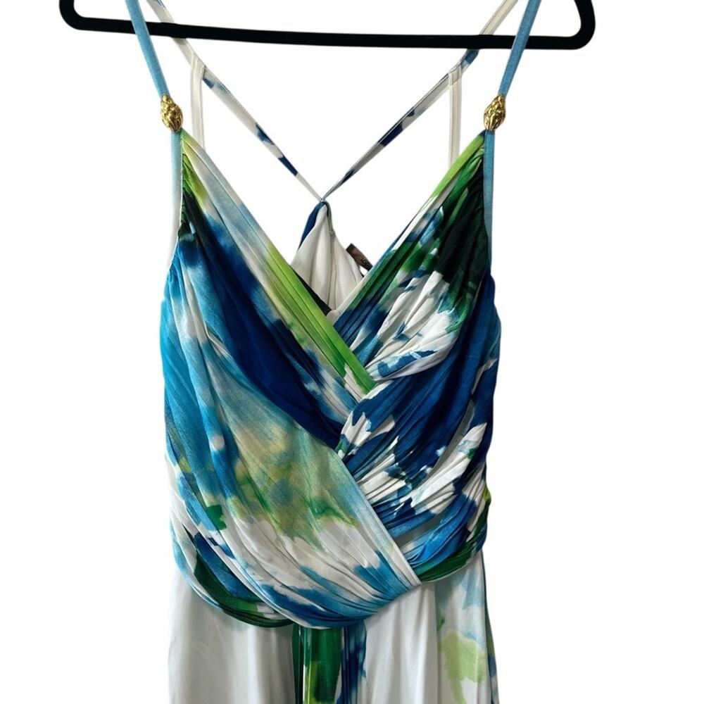 Roberto Cavalli V Neck Front Pleat Gold Detail Strappy Floral Dress Size 44/8 - Picture 2 of 12